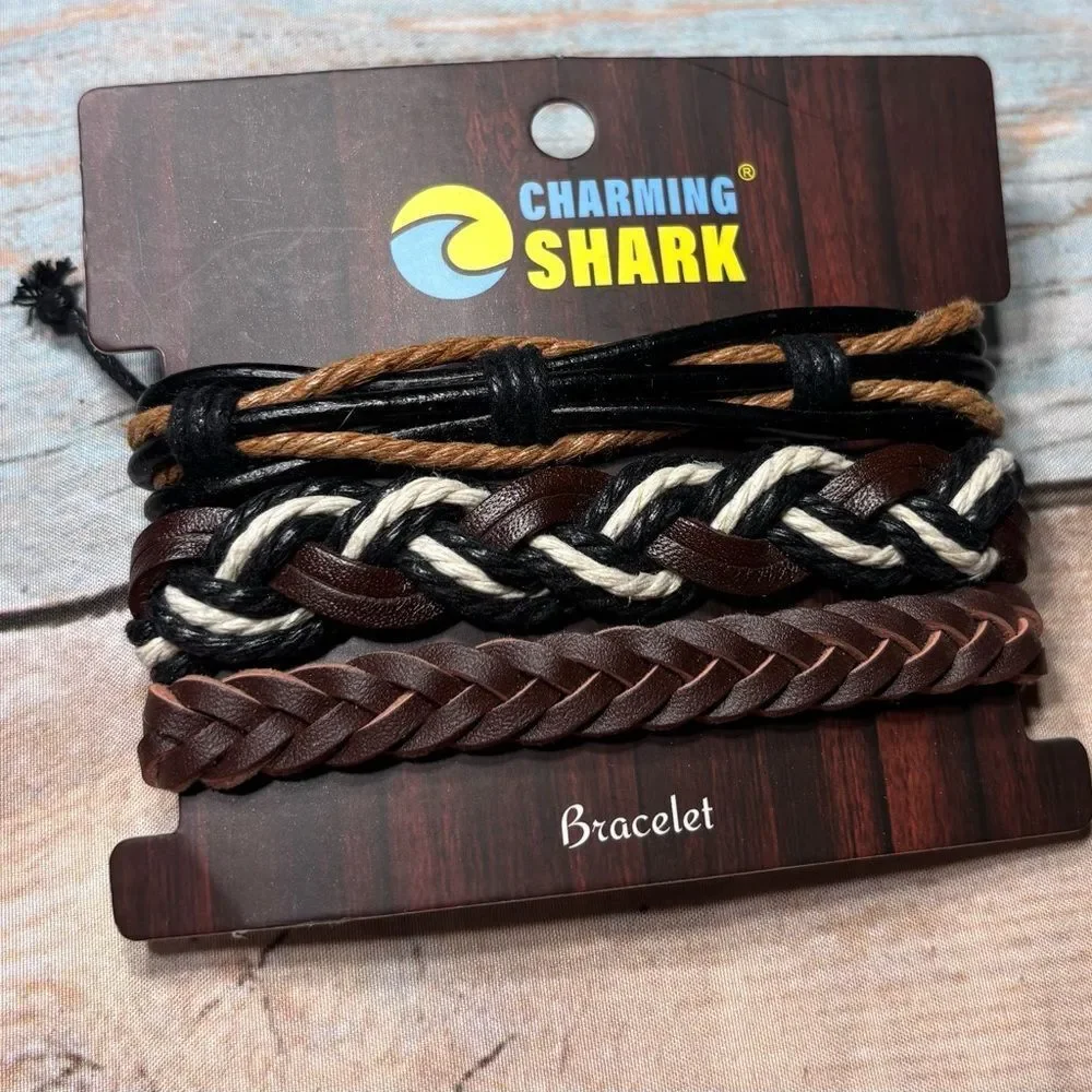 New Charming Shark 3 Braided Leather & Cord Bracelet Set - Brown, Black, Cream